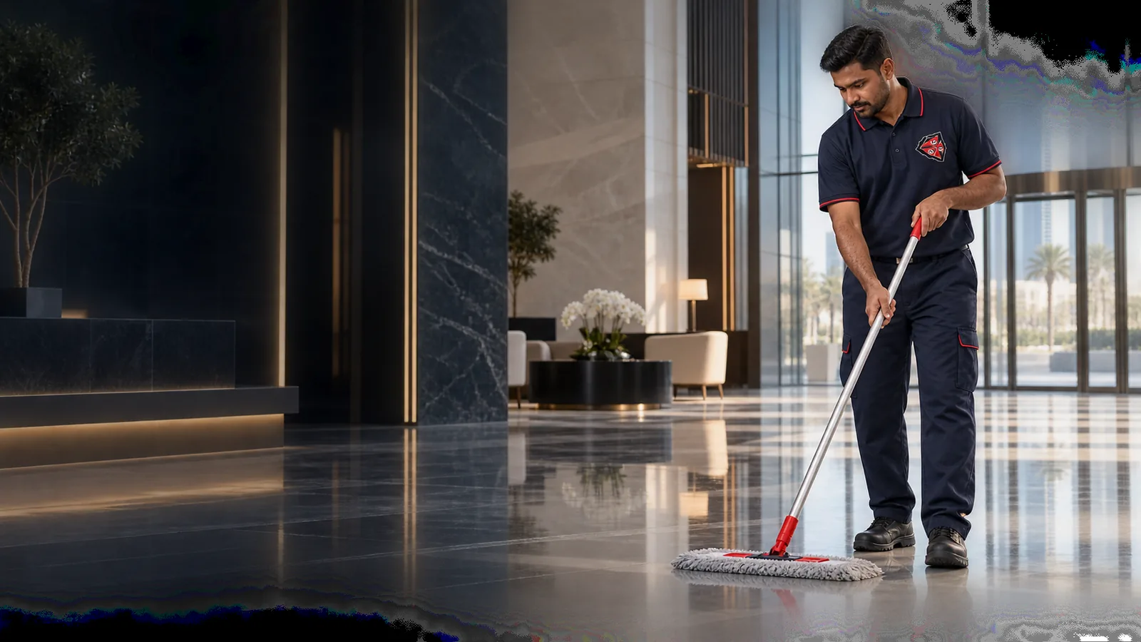 Illustration of a cleaner in UFM uniform caring for a modern lobby