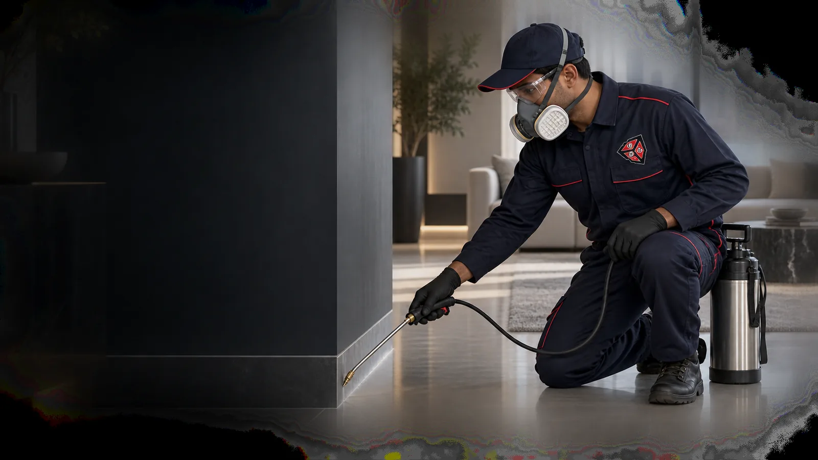 Illustration of a UFM pest-control technician carrying out targeted treatment